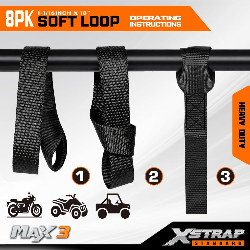 XSTRAP STANDARD Soft Loop Tie-Down Straps 8PK 1-1/16 x 18 inches - 3600LB Breaking Strength, Loops for Securing Trailering of Bikes, ATV, UTV, Motorcycles, Scooters, Dirt Bikes, Lawn Equipment, Black - Image 5